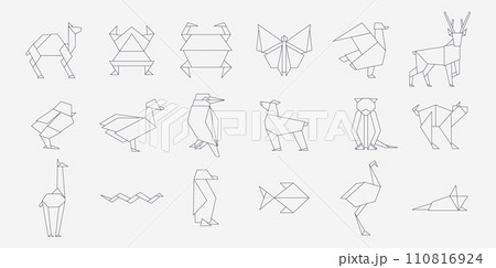 Line origami animals. Geometric folded Japanese traditional papercraft animals, simple outline sketch folded zoo. Vector collection 110816924