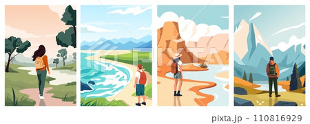 Travelers enjoying view. Cartoon persons enjoying nature and landscape, persons walking in park and camping. Vector isolated illustration 110816929