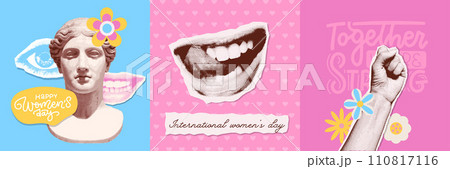 Banners set for March 8th in retro collage style. Antique greek woman statue, female lips and raised fist with halftone effect. International women s day concept. Vector mixed media illustration. 110817116