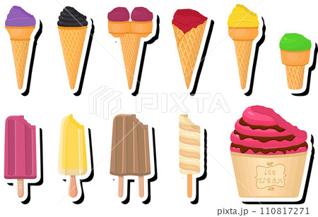 Illustration on theme big kit ice cream popsicle different types in cone waffle cup 110817271