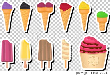 Illustration on theme big kit ice cream popsicle different types in cone waffle cup 110817271