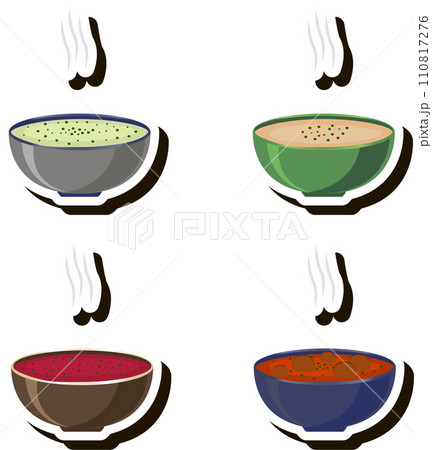Illustration on theme big set various types beautiful tasty edible hot homemade soups 110817276