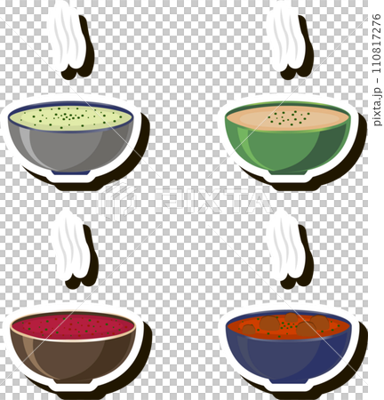 Illustration on theme big set various types beautiful tasty edible hot homemade soups 110817276