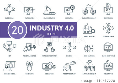 Industry 4.0 icon set. Contains editable icons industry 4.0 theme such as automation, computing, digitization and more. 110817278
