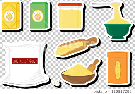 Illustration on theme big set different types dishware filled corn flour 110817293