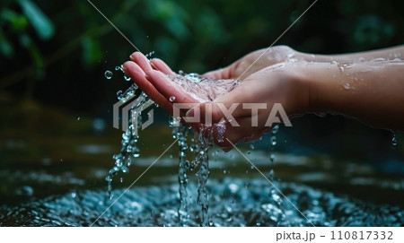 Hand Catching Water Droplets Over River 110817332