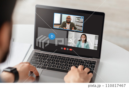 Businessman Having Online Business Meeting With Colleagues Making Video Call 110817467