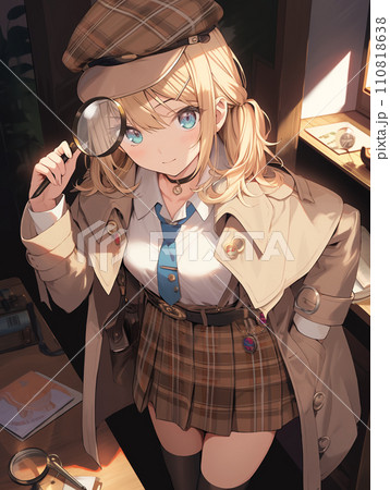 虫眼鏡を持った名探偵姿の女の子　/AI生成 110818638