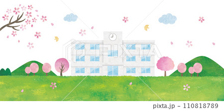 桜と草原と校舎水彩画 桜と草原と校舎水彩画 110818789