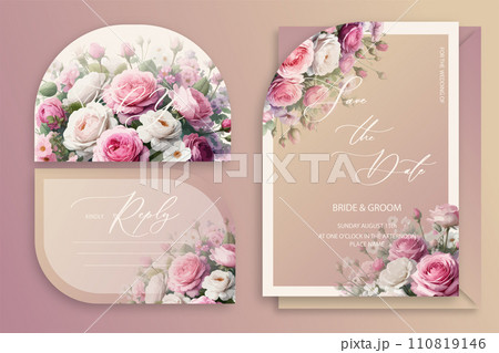Luxury arch wedding invitation card background with garden watercolor botanical pink roses and leaves. Abstract floral art background vector design for wedding and vip cover template. Luxury arch wedding invitation card background with garden watercolor botanical pink roses and leaves. Abstract floral art background vector design for wedding and vip cover template. 110819146