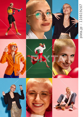 Vivid collage made of portraits of young emotional and positive woman in different fashion outfits against multicolored background. Vivid collage made of portraits of young emotional and positive woman in different fashion outfits against multicolored background. 110819287