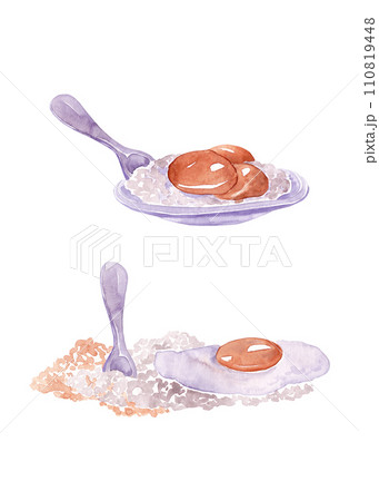 Cooking set: broken egg in a plate and flour. Watercolor illustrations Cooking set: broken egg in a plate and flour. Watercolor illustrations 110819448
