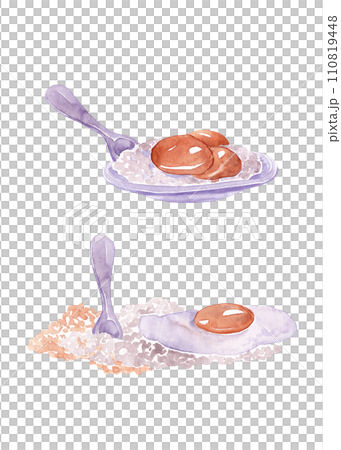 Cooking set: broken egg in a plate and flour. Watercolor illustrations Cooking set: broken egg in a plate and flour. Watercolor illustrations 110819448