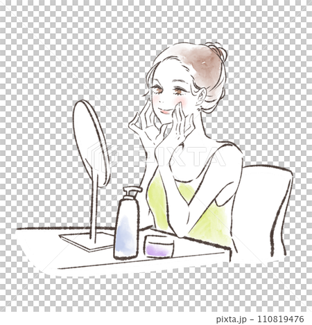 Illustration of a woman doing skin care and makeup at the dressing table 110819476