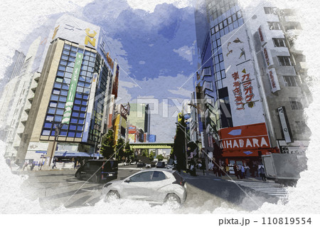 水彩画風　秋葉原　万世橋交差点　東京都千代田区 110819554