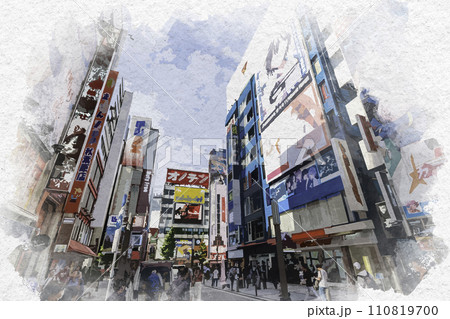 水彩画風　秋葉原　駅前通り　東京都千代田区 110819700