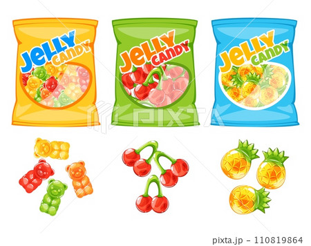 Cartoon jelly candies packs. Colorful fruity gum bags. Gelatin bears. Cherries and pineapple shaped. Confectionery package. Sachet packaging. Various assortment. Sweet marmalades vector set Cartoon jelly candies packs. Colorful fruity gum bags. Gelatin bears. Cherries and pineapple shaped. Confectionery package. Sachet packaging. Various assortment. Sweet marmalades vector set 110819864