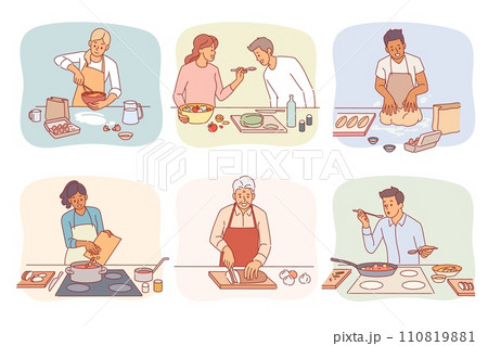 Cartoon people cooking. Men and women preparing food. Couple in kitchen. Person baking pastry. Lunch preparation. Dinner or breakfast. Homemade meals. Saucepan on stove. Chefs vector set 110819881