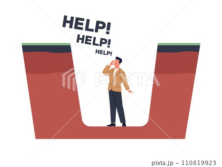 Difficult situation. Businessman falling into hole. Man shouting for help. Person at trap bottom. Bankruptcy and crisis. Dangerous pitfall. Stuck in snare. Helpless victim. Vector concept Difficult situation. Businessman falling into hole. Man shouting for help. Person at trap bottom. Bankruptcy and crisis. Dangerous pitfall. Stuck in snare. Helpless victim. Vector concept 110819923