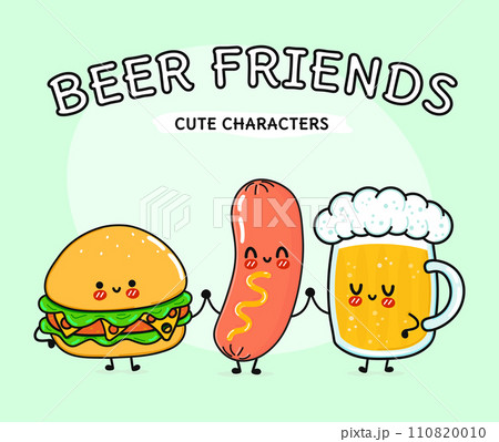 Cute, funny happy glass of beer, hamburger sausage. Vector hand drawn cartoon kawaii characters, illustration icon. Funny cartoon glass of beer, hamburger and sausage friends concept 110820010