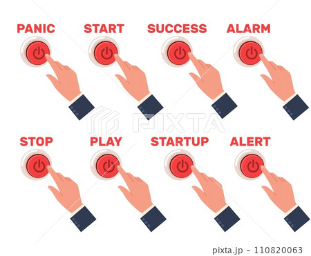 Hands pressing buttons labeled different emotions. Evoke expressions. Panic and stress. Success start. Finger click. Play and stop. Arm gestures. Startup choose. Vector forefingers set 110820063