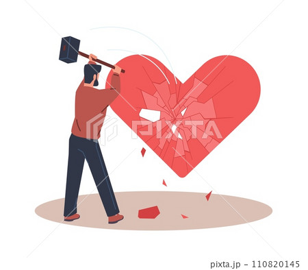 Man breaks big heart with hammer. Relationship breakup. Unhappy guy hitting love symbol. Romance destroy. Damaged amour. Young boyfriend sadness. Lovers feeling crash. Vector concept 110820145