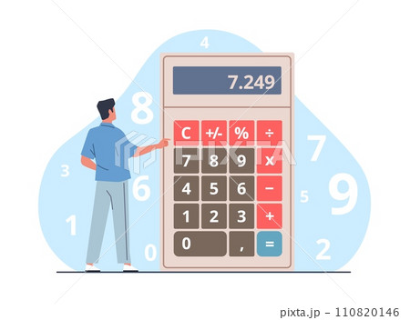 Man does math with big calculator. Mathematical calculating. Numbers counting. Debt payments calculation. Banking accounting. Finance balance. Mathematics education. Vector concept 110820146
