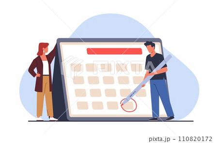 Man makes mark on calendar. Time management. Month calendar. Deadline and goals. People organize productive work. Agenda schedule. Timetable reminder. Appointment icon. Vector concept 110820172