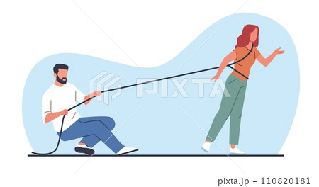 Man uses rope to restrain woman. Male controlling female. Constraint and pressure. Couple relationship. Marriage shackles. Psychological dependence. Guy pulling cable. Vector concept Man uses rope to restrain woman. Male controlling female. Constraint and pressure. Couple relationship. Marriage shackles. Psychological dependence. Guy pulling cable. Vector concept 110820181