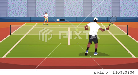 Professional tennis players. Athletes compete in tournament. Athletic men with rackets on court. Sportsman pitching and batting. Sport championship. Match stadium. Vector tidy concept Professional tennis players. Athletes compete in tournament. Athletic men with rackets on court. Sportsman pitching and batting. Sport championship. Match stadium. Vector tidy concept 110820204