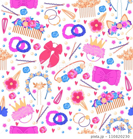 Seamless pattern with embellishments for baby girl. Hair accessories. Hairstyle ribbons. Hairgrips or hairbands. Cute hairpins. Little crown and flowers. Repeated print. Vector background 110820230