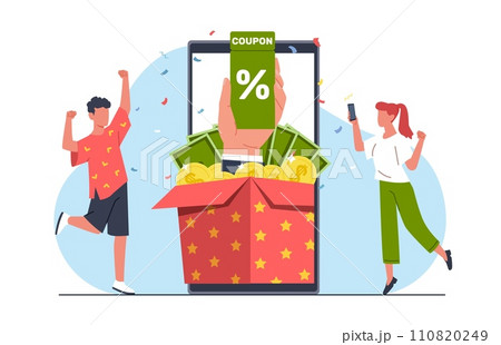 Smartphone with open gift box and discount coupons. Sale vouchers. Cheerful customers. Mobile phone. Benefit offer tickets. Shopping app. Banknotes and coins in present. Vector concept Smartphone with open gift box and discount coupons. Sale vouchers. Cheerful customers. Mobile phone. Benefit offer tickets. Shopping app. Banknotes and coins in present. Vector concept 110820249