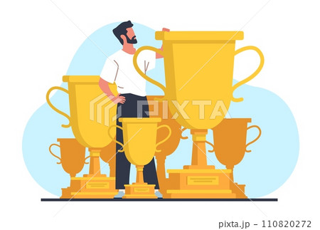 Successful man among his accomplishments and golden cups. Award goblets. Business victory. Male leadership. Businessman success. Person achievements. Honor and pride. Vector concept 110820272