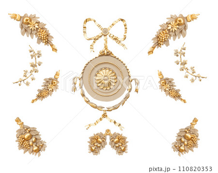 old plaster stucco molding with gilding for home decoration, isolated on white background old plaster stucco molding with gilding for home decoration, isolated on white background 110820353