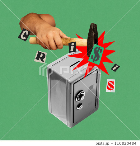 Poster for a seminar on protecting assets from economic crisis. Male hand cracking money safe with hammer. Contemporary art collage. 110820484