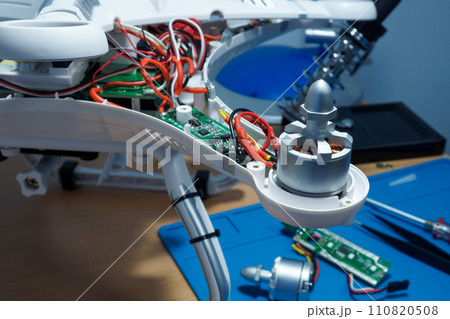 UAV repair. Disassembled drone and spare parts. 110820508