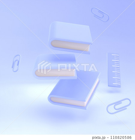 3D Stack of Closed Book and ruler falling down in air. Render Educational Literature. Reading Education back to school concept 110820586