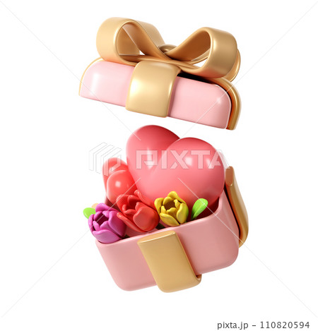 3d Tulip Flower Bouquet with hearts in pink gift box in Cartoon Style for Decoration. Love Valentine romantic design, Mother day, Women day, Isolated on White Background illustration 3d Tulip Flower Bouquet with hearts in pink gift box in Cartoon Style for Decoration. Love Valentine romantic design, Mother day, Women day, Isolated on White Background illustration 110820594