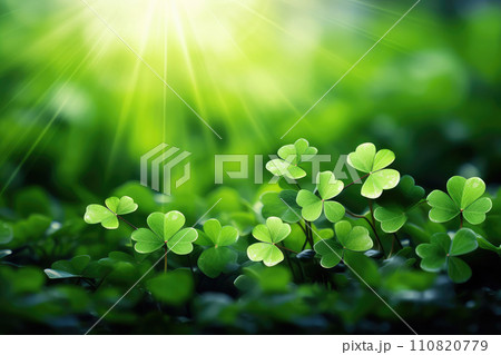AI-generated content. Shamrock green background, sun light, St Patrick's day concept 110820779