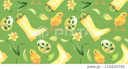 Watercolor seamless pattern with cute yellow chickens and , eggs, leaves, rubber boots, narcissus flowers. Easter background with farm birds. Spring design for textile, fabric, poster, covers. 110820780