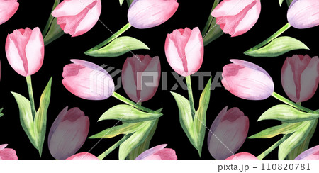 Seamless pattern with pink tulips. Watercolor spring floral hand drawn illustration. For fabric, design, textile, wallpaper, Black background 110820781