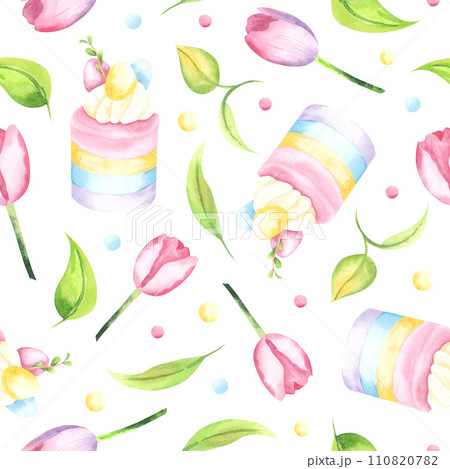 Seamless watercolor pattern. Hand drawn Easter rainbow cupcake, colored painted eggs, pink tulips on a white background. Holiday, Easter, spring. 110820782