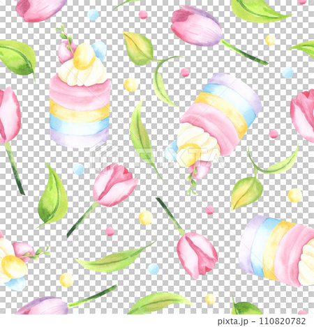 Seamless watercolor pattern. Hand drawn Easter rainbow cupcake, colored painted eggs, pink tulips on a white background. Holiday, Easter, spring. 110820782