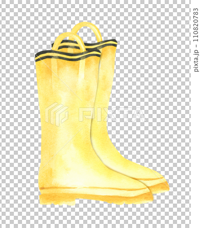 Yellow gumshoes illustration. Galoshes on white background. Autumn or spring rubbers clipart. Rainy day style. Aquarelle picture. Clipart for logo, greeting card and design. 110820783