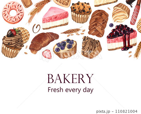 Dessert, piece of cheesecake with fresh strawberries, bagel and pastries. Watercolor hand-drawn illustration isolated on white background. Template for bakery or bakehouse menu and baking card Dessert, piece of cheesecake with fresh strawberries, bagel and pastries. Watercolor hand-drawn illustration isolated on white background. Template for bakery or bakehouse menu and baking card 110821004