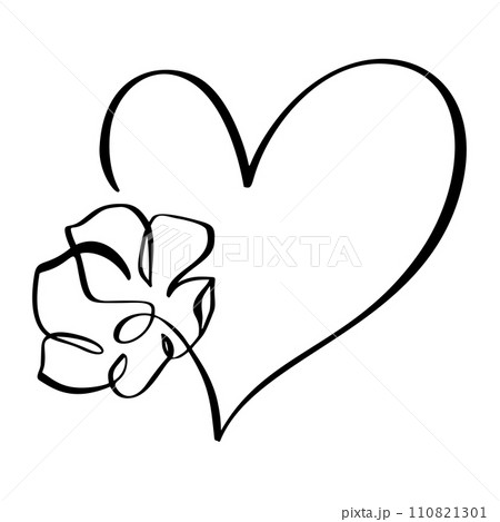 Hand drawn love heart with flower vector logo one art line illustration. Black outline. Element for Valentine Day banner, spring poster, greeting card 110821301