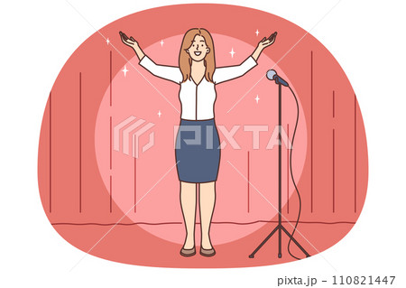 Smiling woman on stage thanking for welcome Smiling woman on stage thanking for welcome 110821447
