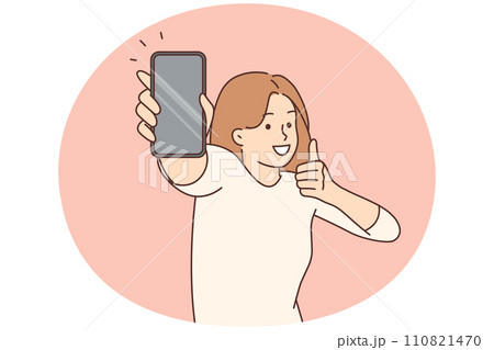 Smiling woman show mockup cellphone screen 110821470