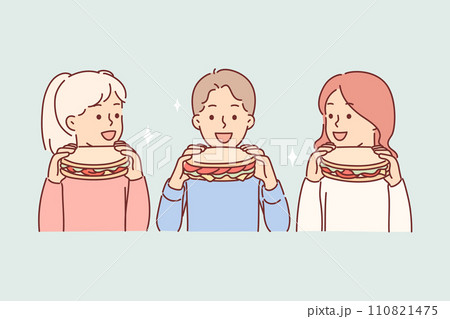 Little children eat sandwiches, satisfying hunger with delicious snack bought at fast food cafe 110821475