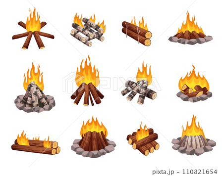 Bonfires types. Different ways of laying logs in campfires, woodpile made various trees, burning wood stack, flame igniting, cartoon flat isolated illustration. Night camp tidy vector set 110821654